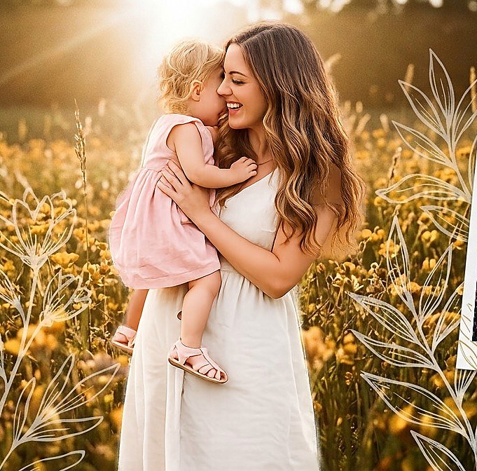 Stacey holding her daughter in a sunlit wildflower field