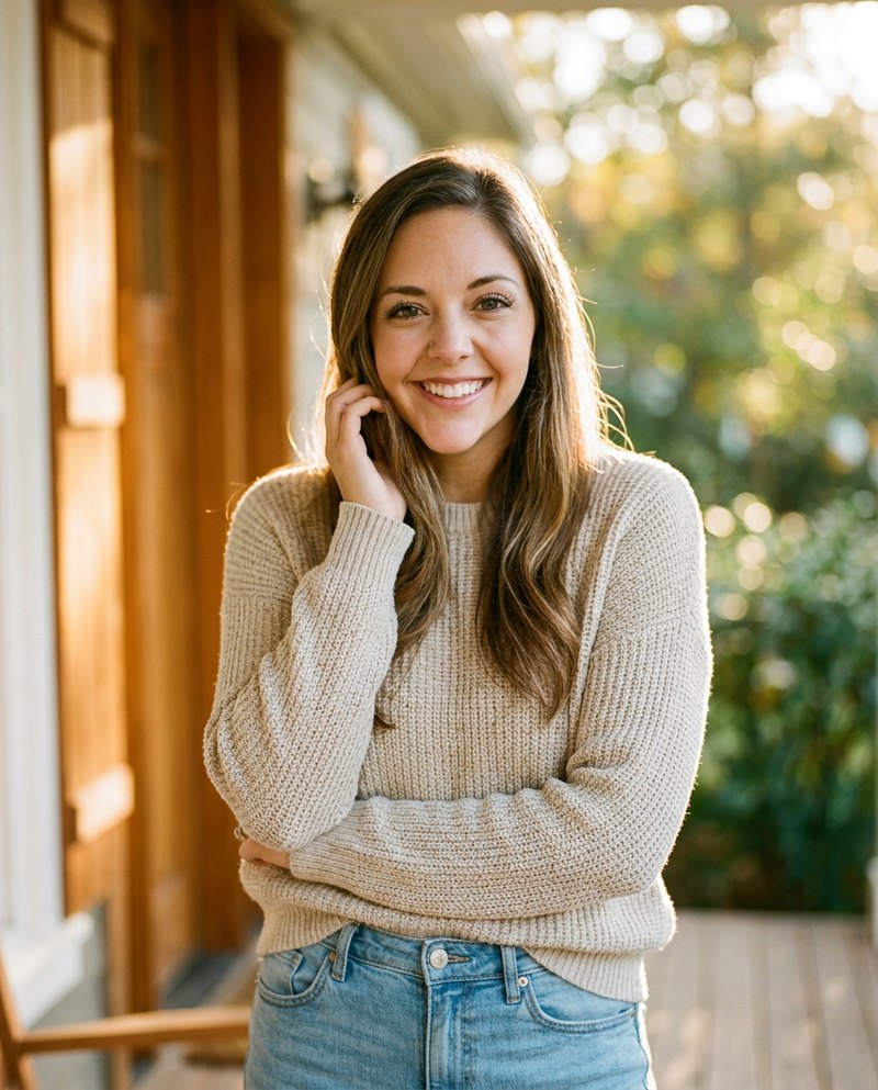 Stacey, founder of Layna's Grace, smiling on her porch
