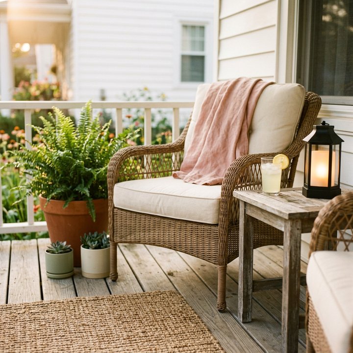 A cozy refreshed summer porch with a wicker chair, throw, and lantern