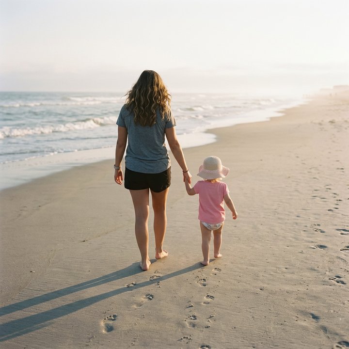 A mom and toddler walking on the beach at golden hour, seen from behind