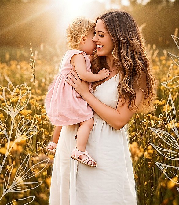 Stacey holding her toddler in a sunlit wildflower field