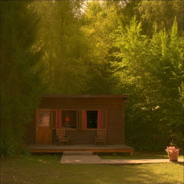 A cozy little cabin in the woods at golden hour